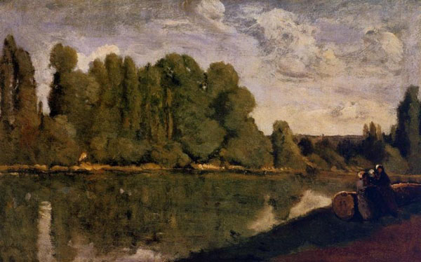 Камиль Коро "Три женщины на берегу реки, сидящие на спиленом дереве"